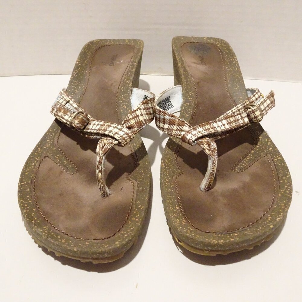 TEVA Ventura Brown Leather Thong Flip Flop Sandals Cork Wedge Size 9 #4219